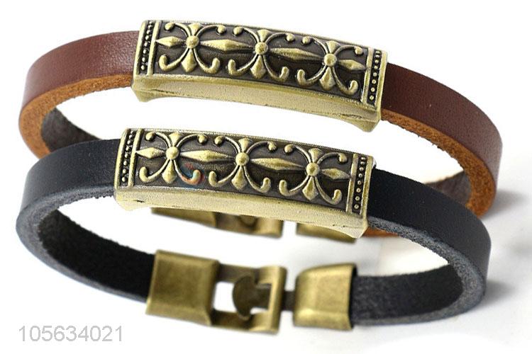 Good quality handmade retro genuine leather alloy bracelet for men