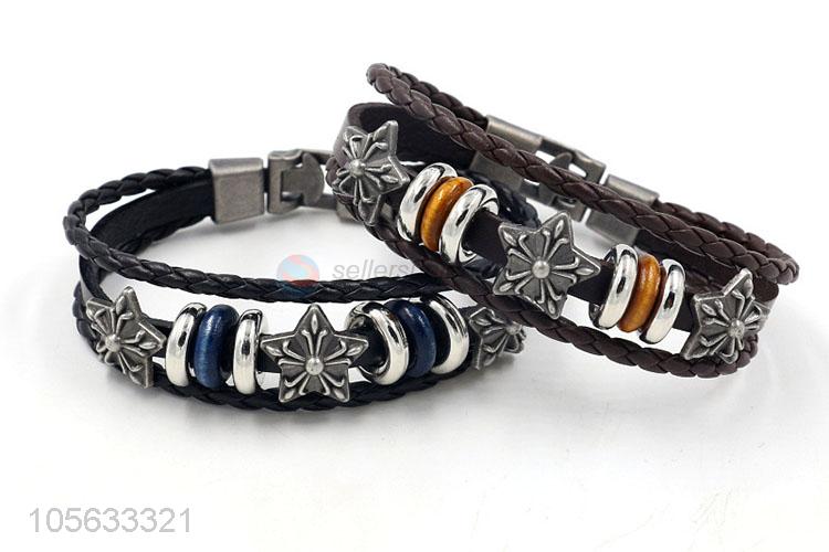 Latest design retro styles handmade mens leather bracelets with charms