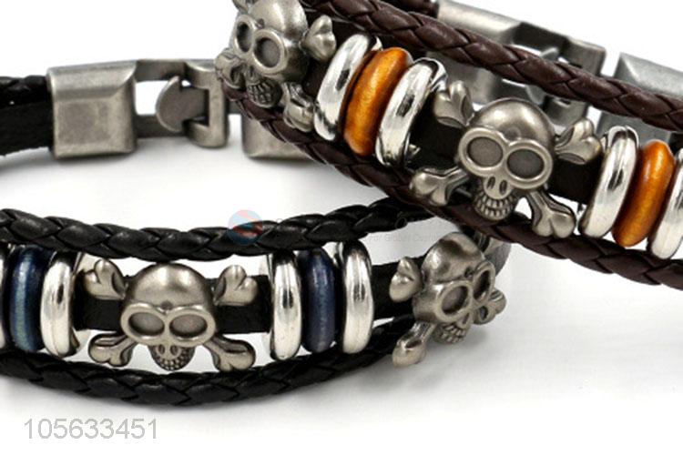 Factory directly sell vintage punk men leather bracelet with skull charms