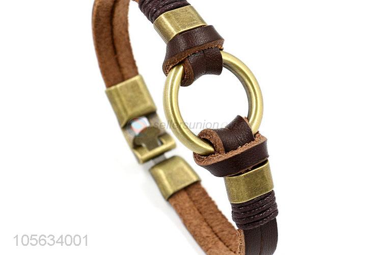 Low price multitier vintage men leather bracelet with circle charms