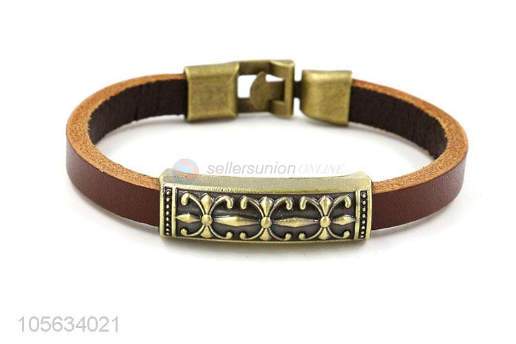 Good quality handmade retro genuine leather alloy bracelet for men