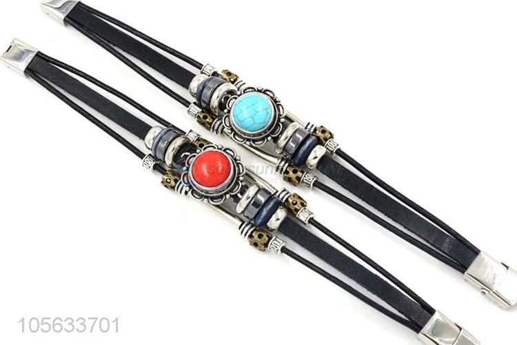 Excellent quality multi tier leather bracelet with red crackle stone