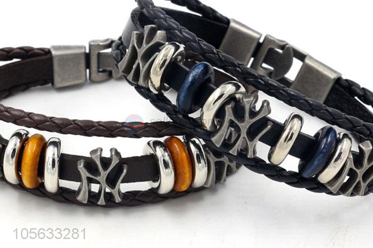 Top quality cheap multitier men leather bracelet vintage braided beaded bracelet