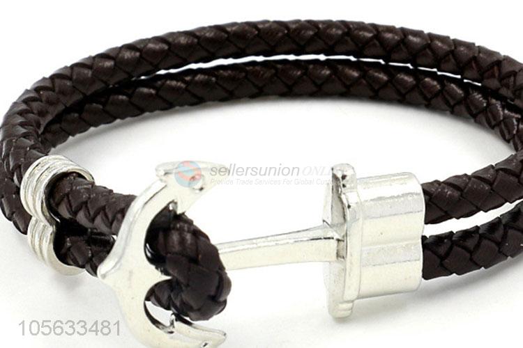 Factory sales mens favor handmade retro braided leather anchor bracelet