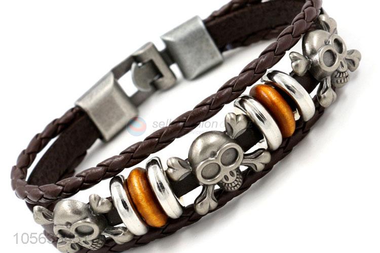 Factory directly sell vintage punk men leather bracelet with skull charms