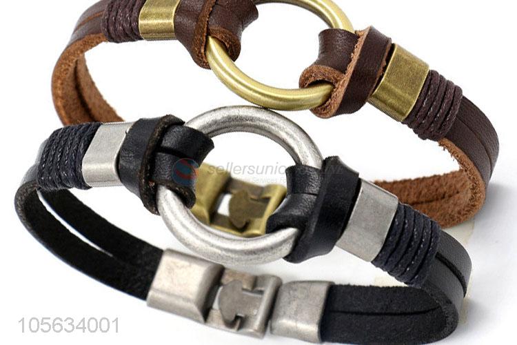 Low price multitier vintage men leather bracelet with circle charms