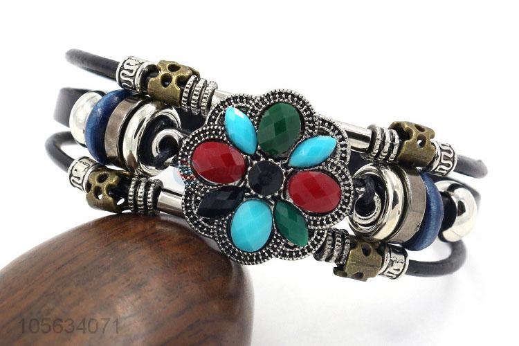 Wholesale new multilayer retro leather bracelet with alloy flower