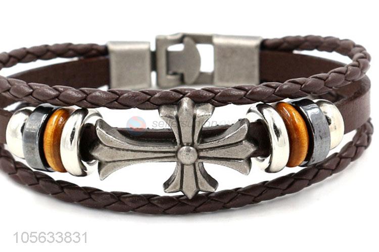 Top sale handmade mens leather bracelet retro alloy braided bracelet