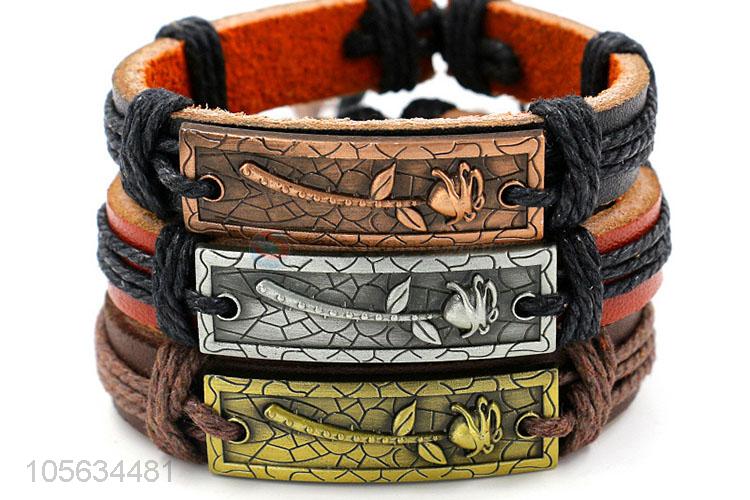 Factory sales multitier men leather bracelet vintage alloy bracelet