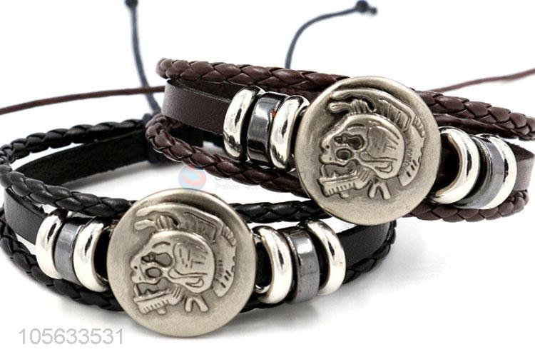 Factory supply handmade mens leather bracelet retro alloy braided bracelet