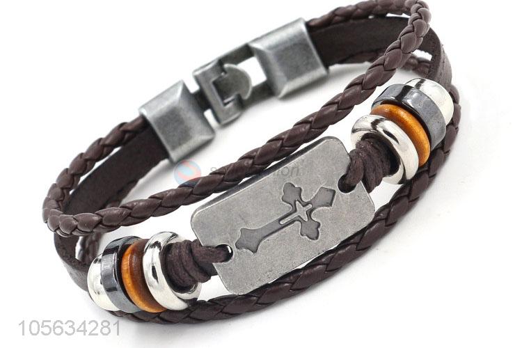 Top quality cheap handmade mens leather bracelet retro alloy braided bracelet