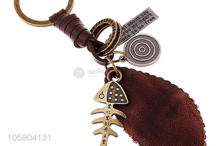 Wholesale custom retro alloy fishbone pendant weaving leather key chain