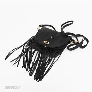 Black laser cut pu messenger bag with tassels