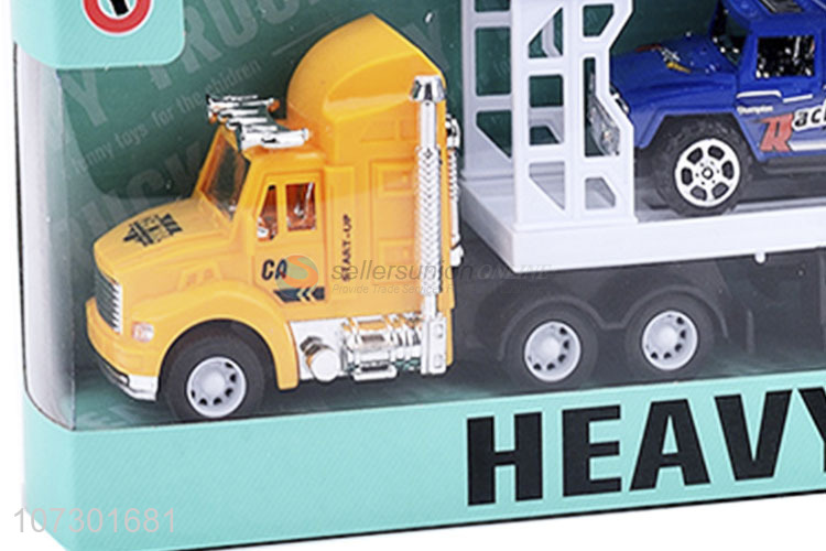 Top Selling Plastic Inertia Heavy Trailer Truck Carrying Two Cars Kids Toy Set