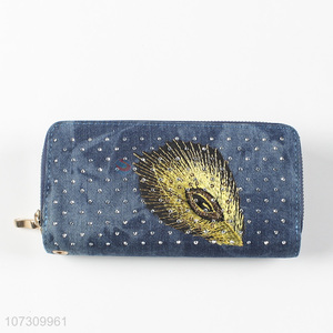 Good sale stylish women denim wallets ladies embroidered clutch bag