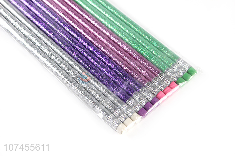 New design 12 pieces glitter wood HB pencil for students