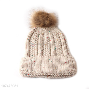Yiwu wholesale ladies outdoor warm needle wool ball hat