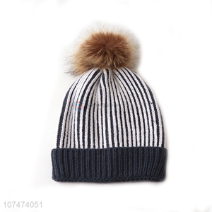 Creative striped design winter cold wool ball knitted hat