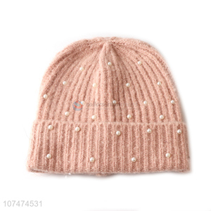 Factory direct sale ladies pink warm pearl knitted hat