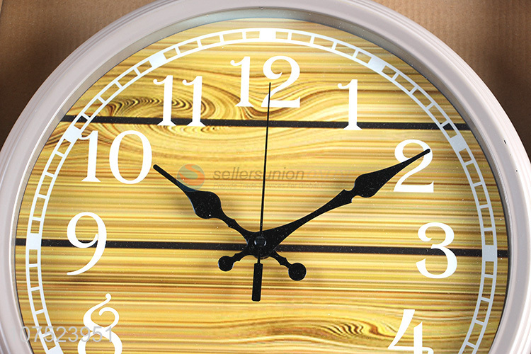 Low price trendy wood grain wall clock no-punch quartz clock for classroon decoration