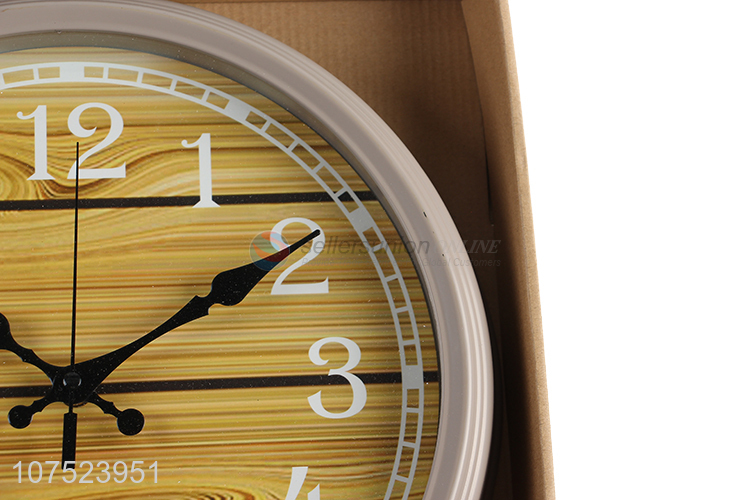 Low price trendy wood grain wall clock no-punch quartz clock for classroon decoration