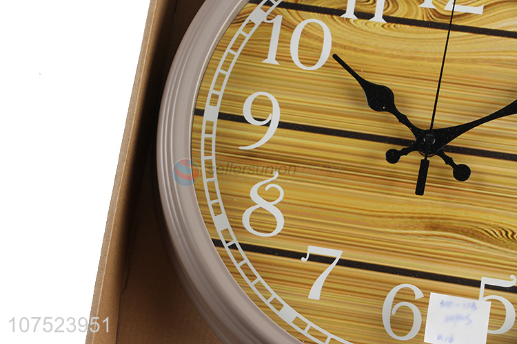 Low price trendy wood grain wall clock no-punch quartz clock for classroon decoration