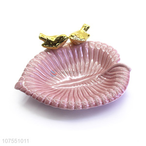 Hot Sale Ceramic Leaf Shape Pink Ceramic Plate For Birds Decoration