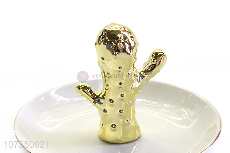 Promotion Creative Gold Cactus Design Ceramic Plate For Holding Jewelry