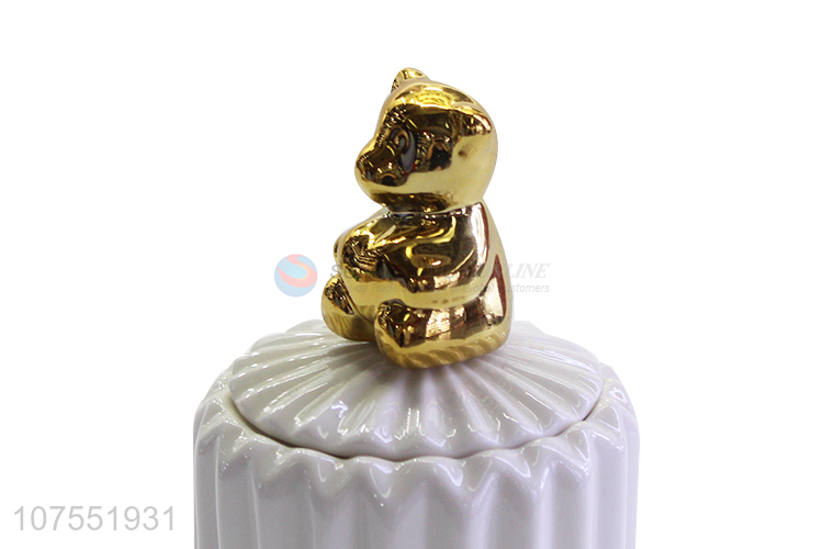 Hot Selling White Ceramic Storage Jar With Gold Bear Decoration Lid