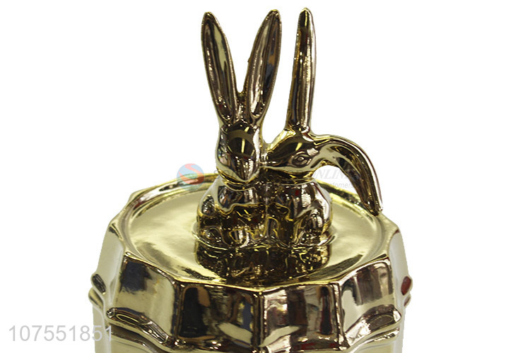 New Product Gold Ceramic Storage Jar With Two Rabbit Decoration Ceramic Lid