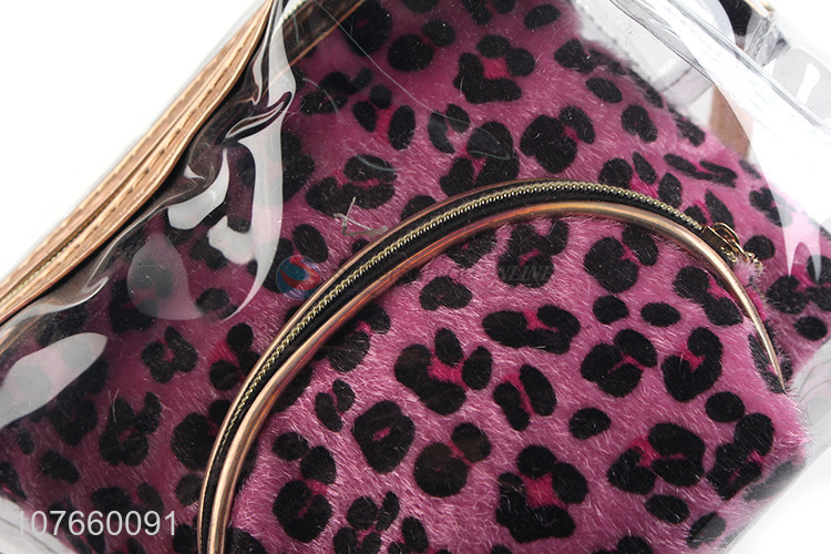 Leopard print plush style female fashion cosmetic bag three-piece set