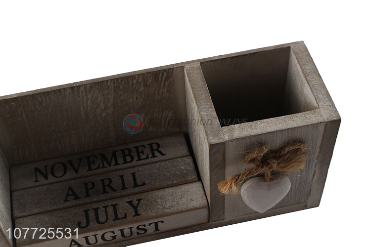 Fashion Vintage Wooden Blocks Calendar With Pen Container