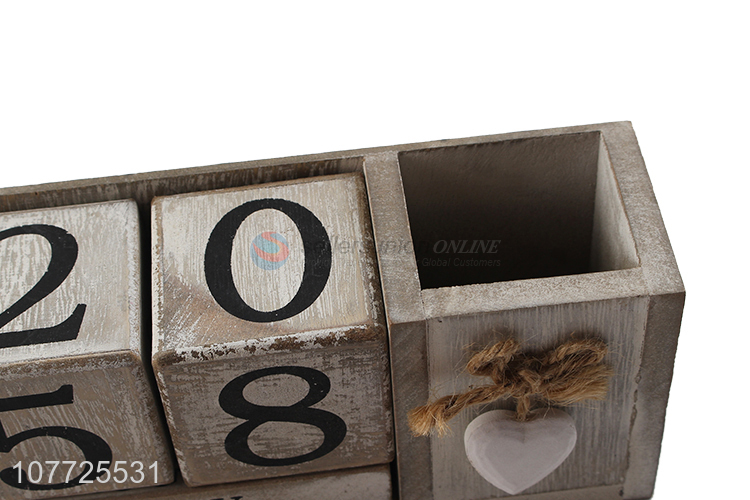 Fashion Vintage Wooden Blocks Calendar With Pen Container