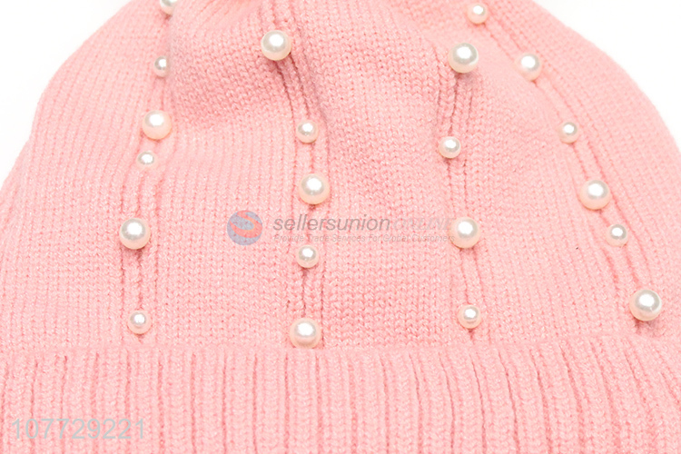 Factory price women winter fleece lined knitting hat pompom hat with pearls