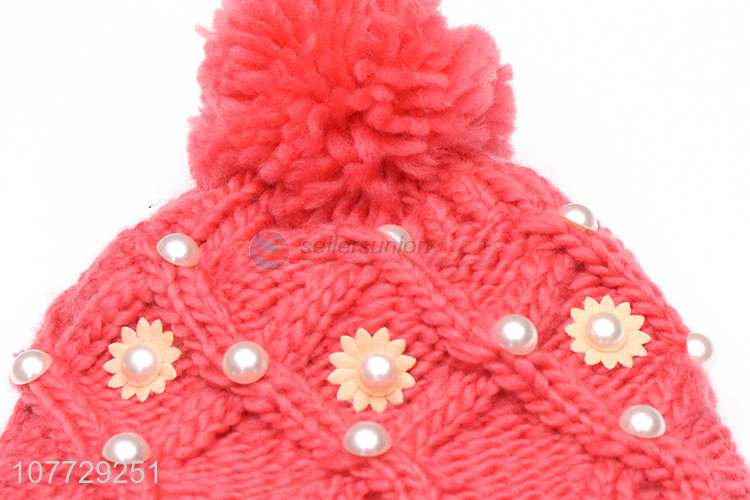 Hot selling women winter warm fleecy hat knitted beanie hat with pearls