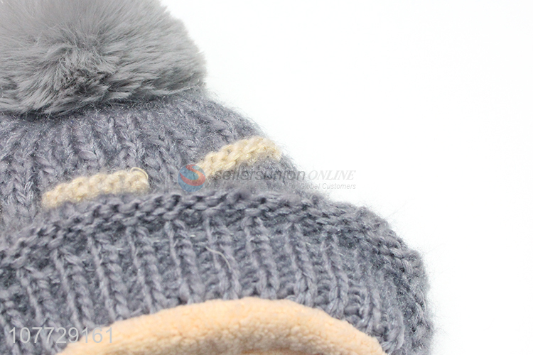 Hot selling women winter knitting hat fleece lined faux fur pompom hat