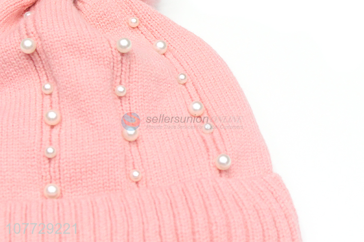 Factory price women winter fleece lined knitting hat pompom hat with pearls