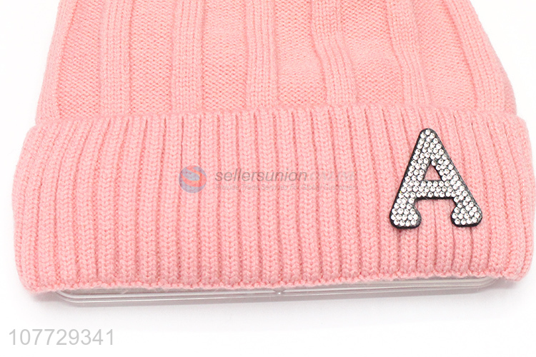 Hot sale women winter beanie hat ladies knitted hat with pompom