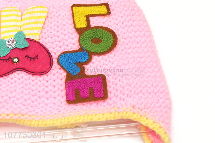 Good sale children winter acrylic knitting pompom beanie hat with earmuffs