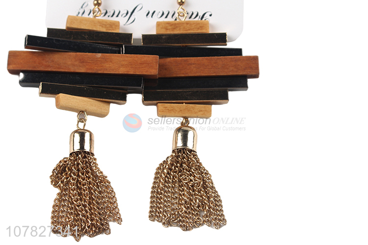 New Design Chain Tassel Wood Pendant Earring For Women