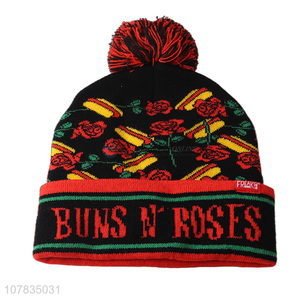Wholesale rose pattern jacquard knitted children beanies kids winter hat