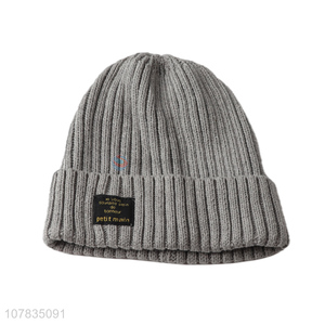Most popular polyester knitted beanie men winter knitting beanie cap