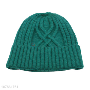 China wholesale green thick beanie cap knitted hat for winter