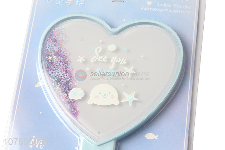 Online wholesale fashionable heart shaped quicksand cosmetic mirror for girls