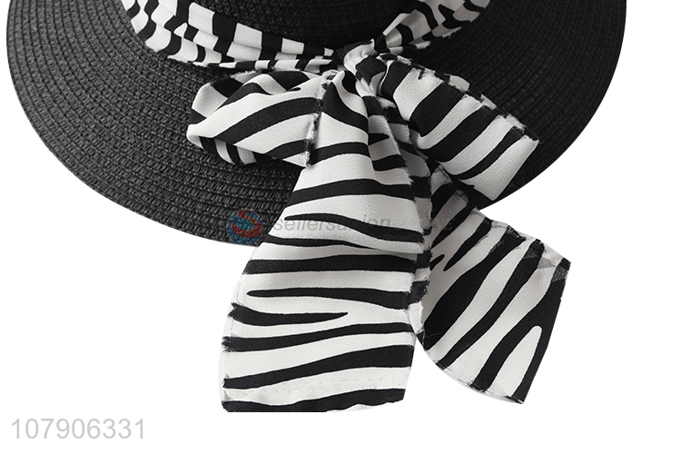 Wholesale stylish women panana hat beach straw hat with zebra print ribbon