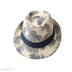 New arrival popular leaf printed straw sun hat fedora panama hats