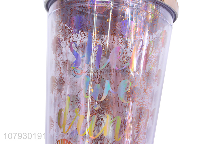 Wholesale summer double walls plastic juice mug water cup with straw