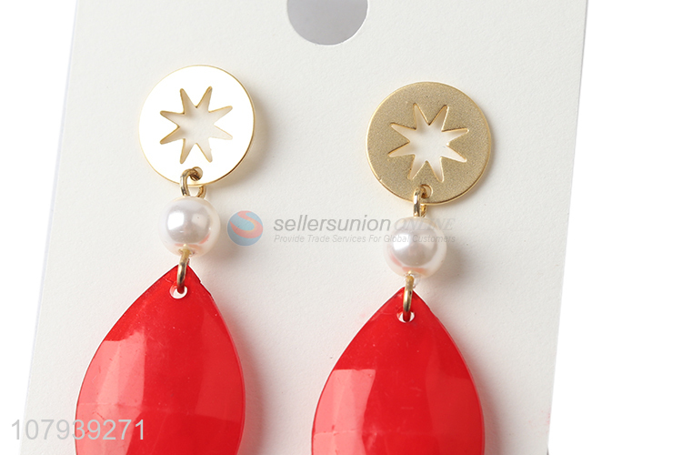 Low price fashion style metal stud earrings with red pendant