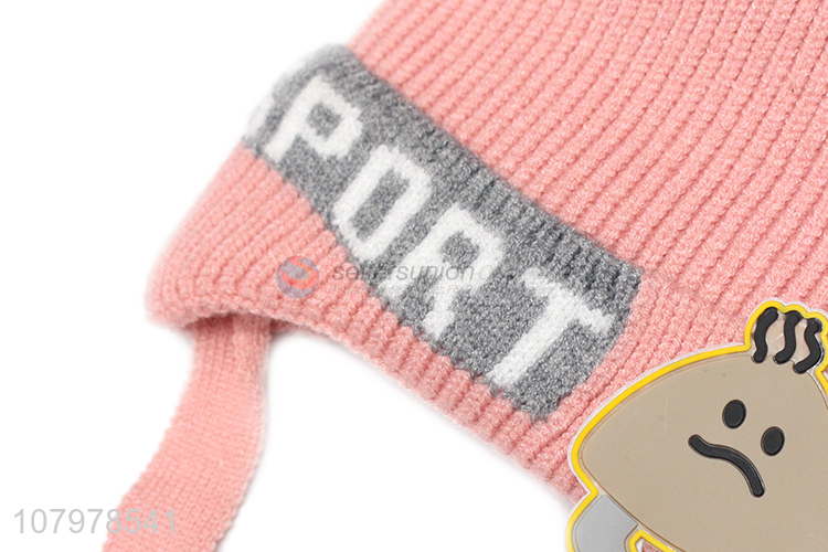 China supplier kids autumn winter fleece lined earmuff hat with pom pom