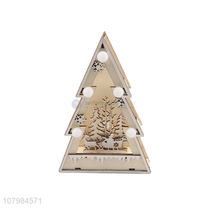 Good selling cute xmas tree shape wooden decoration led light ornaments